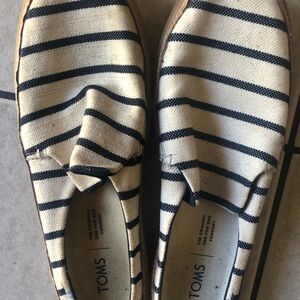 TOMS Navy and Cream Striped Canvas Loafers